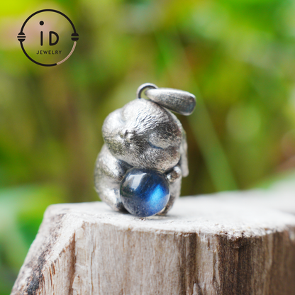 Moon Rabbit Necklace in Sterling Silver – Blue Labradorite Wishing Pendant – Spiritual Animal Totem Jewelry – Cute Bunny Charm for Inner Peace