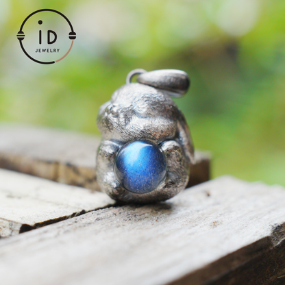 Moon Rabbit Necklace in Sterling Silver – Blue Labradorite Wishing Pendant – Spiritual Animal Totem Jewelry – Cute Bunny Charm for Inner Peace