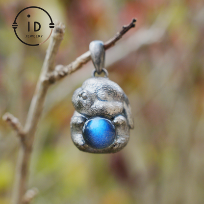 Moon Rabbit Necklace in Sterling Silver – Blue Labradorite Wishing Pendant – Spiritual Animal Totem Jewelry – Cute Bunny Charm for Inner Peace