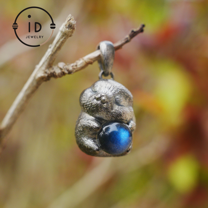 Moon Rabbit Necklace in Sterling Silver – Blue Labradorite Wishing Pendant – Spiritual Animal Totem Jewelry – Cute Bunny Charm for Inner Peace