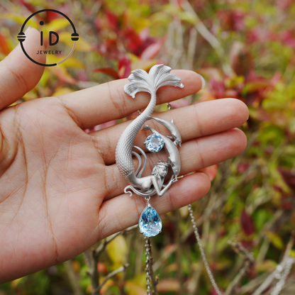 Dreamy Ocean Mermaid Pendant in 925 Silver with Aquamarine – Unique Jewelry for Ocean Lovers and Collectors