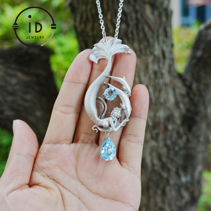 Dreamy Ocean Mermaid Pendant in 925 Silver with Aquamarine – Unique Jewelry for Ocean Lovers and Collectors