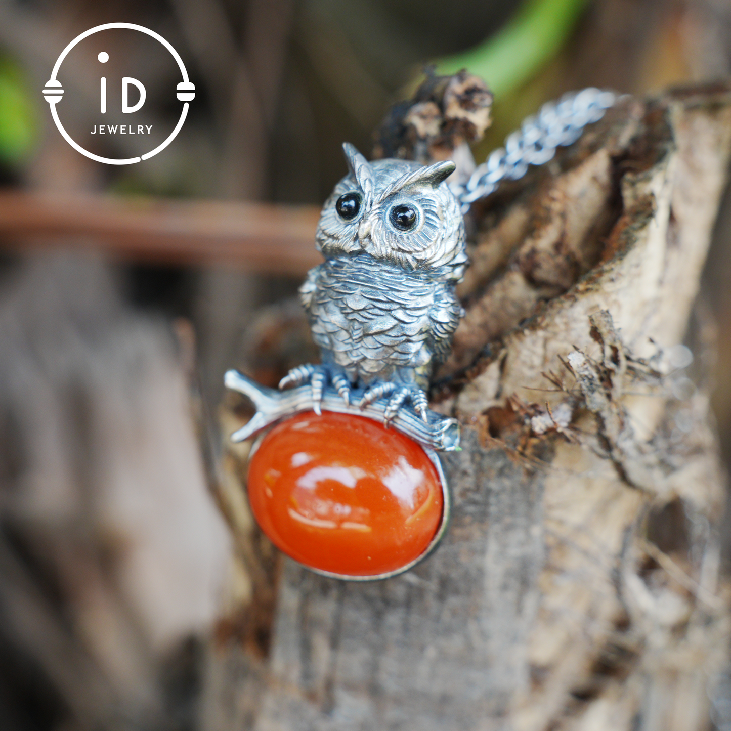 Nature-Style Owl Necklace | Handmade 925 Sterling Silver | Carnelian Cabochon & Onyx Eyes | Fine Feather Engraving | Handmade Gift