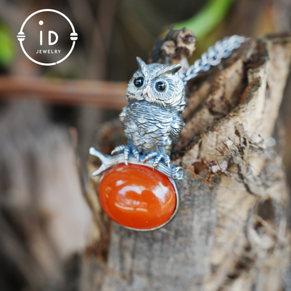 Nature-Style Owl Necklace | Handmade 925 Sterling Silver | Carnelian Cabochon & Onyx Eyes | Fine Feather Engraving | Handmade Gift