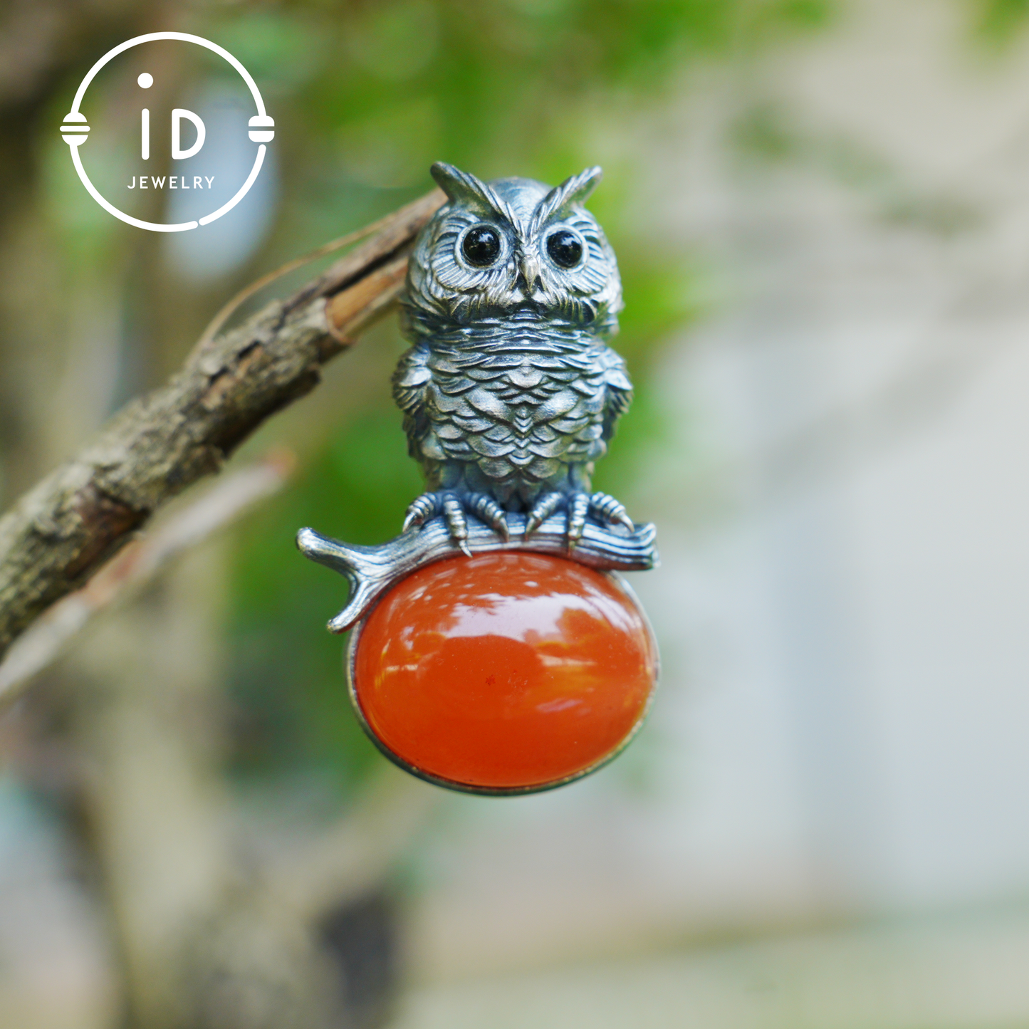 Nature-Style Owl Necklace | Handmade 925 Sterling Silver | Carnelian Cabochon & Onyx Eyes | Fine Feather Engraving | Handmade Gift