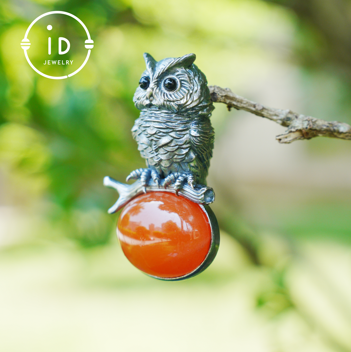 Nature-Style Owl Necklace | Handmade 925 Sterling Silver | Carnelian Cabochon & Onyx Eyes | Fine Feather Engraving | Handmade Gift