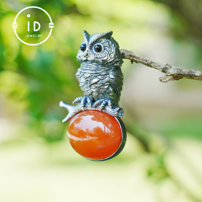 Nature-Style Owl Necklace | Handmade 925 Sterling Silver | Carnelian Cabochon & Onyx Eyes | Fine Feather Engraving | Handmade Gift