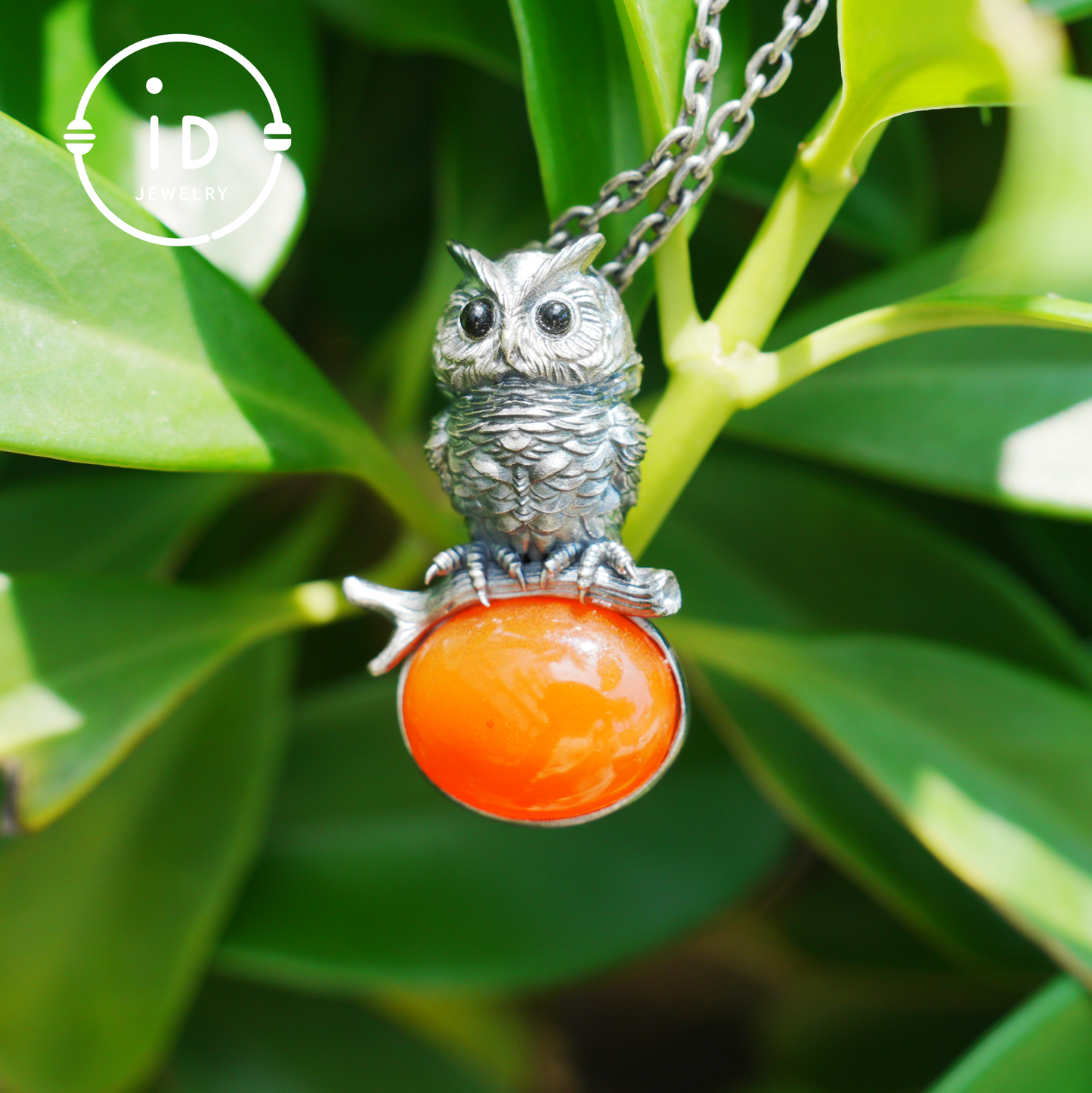 Nature-Style Owl Necklace | Handmade 925 Sterling Silver | Carnelian Cabochon & Onyx Eyes | Fine Feather Engraving | Handmade Gift