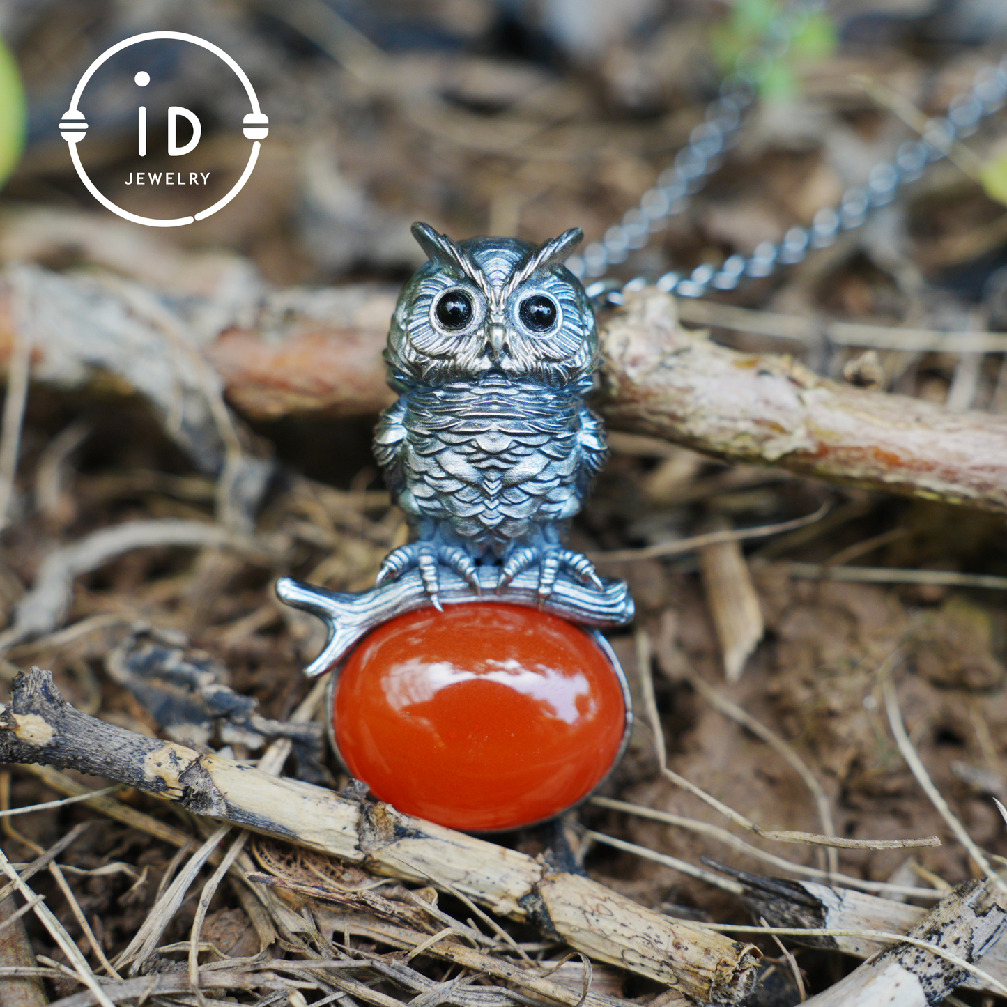 Nature-Style Owl Necklace | Handmade 925 Sterling Silver | Carnelian Cabochon & Onyx Eyes | Fine Feather Engraving | Handmade Gift