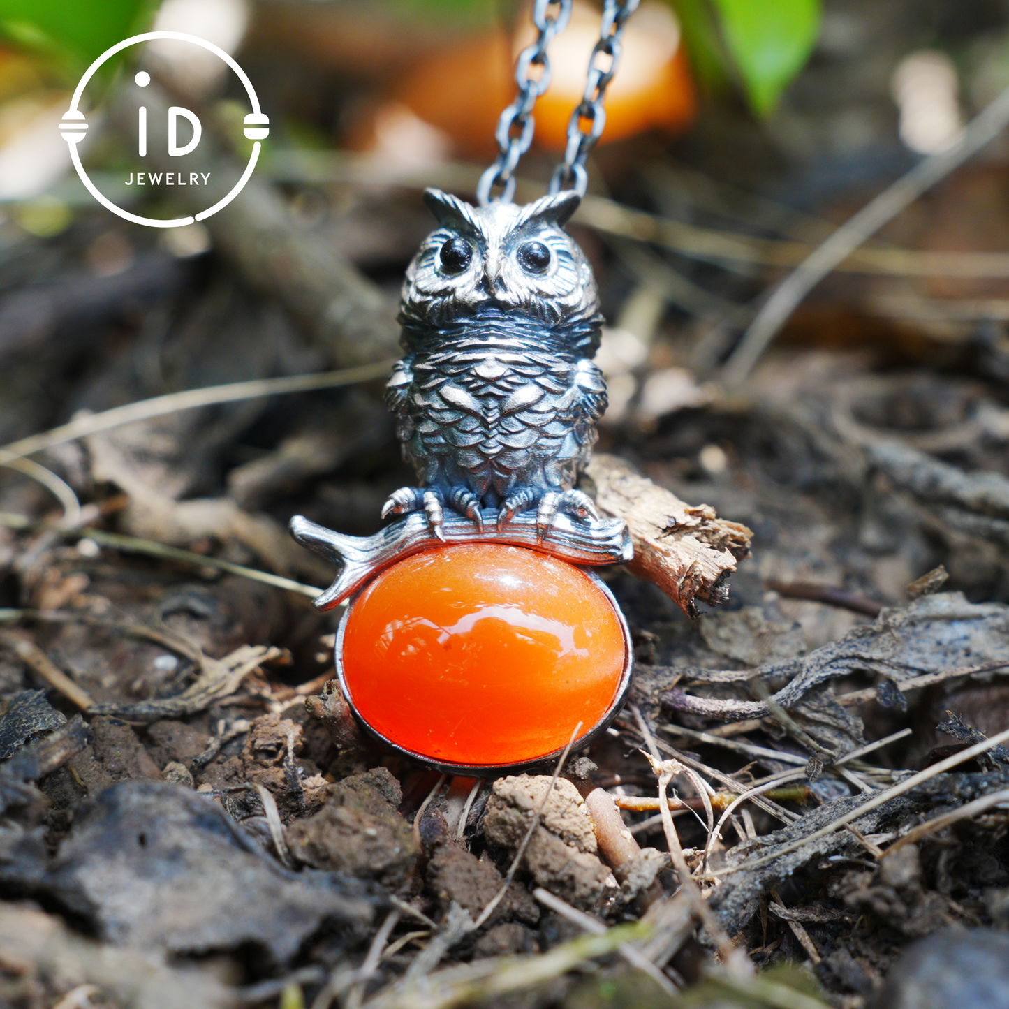 Nature-Style Owl Necklace | Handmade 925 Sterling Silver | Carnelian Cabochon & Onyx Eyes | Fine Feather Engraving | Handmade Gift