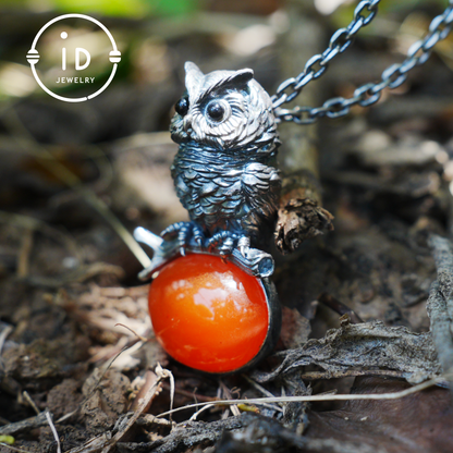 Nature-Style Owl Necklace | Handmade 925 Sterling Silver | Carnelian Cabochon & Onyx Eyes | Fine Feather Engraving | Handmade Gift