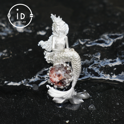 Ocean-Themed Mermaid Necklace | 925 Sterling Silver, Handmade | Crown, Seated Pose | Hand-Engraved Fin | Amulet | Gift for Her