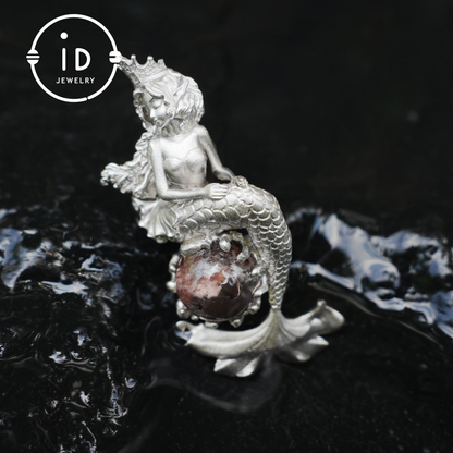 Ocean-Themed Mermaid Necklace | 925 Sterling Silver, Handmade | Crown, Seated Pose | Hand-Engraved Fin | Amulet | Gift for Her