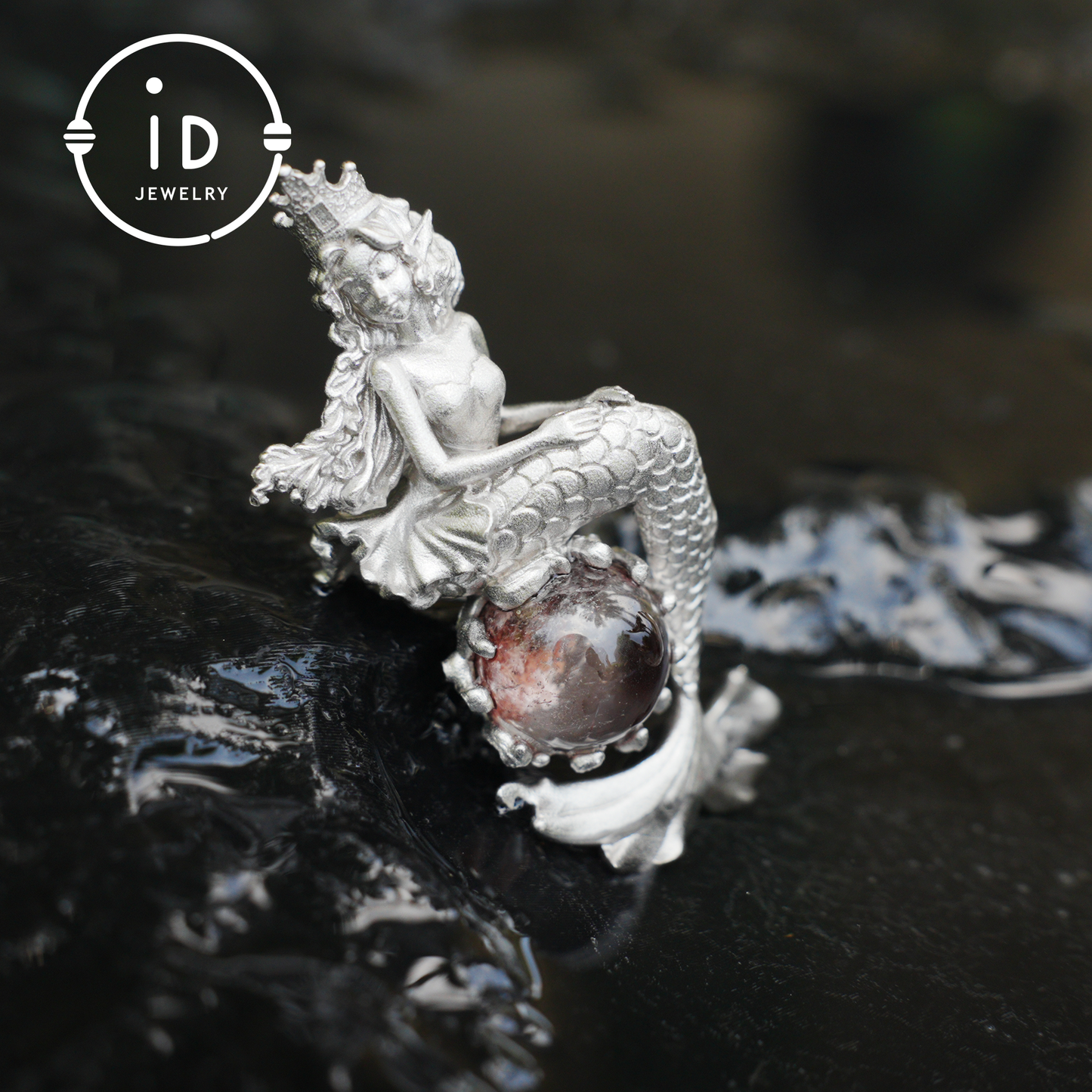 Ocean-Themed Mermaid Necklace | 925 Sterling Silver, Handmade | Crown, Seated Pose | Hand-Engraved Fin | Amulet | Gift for Her