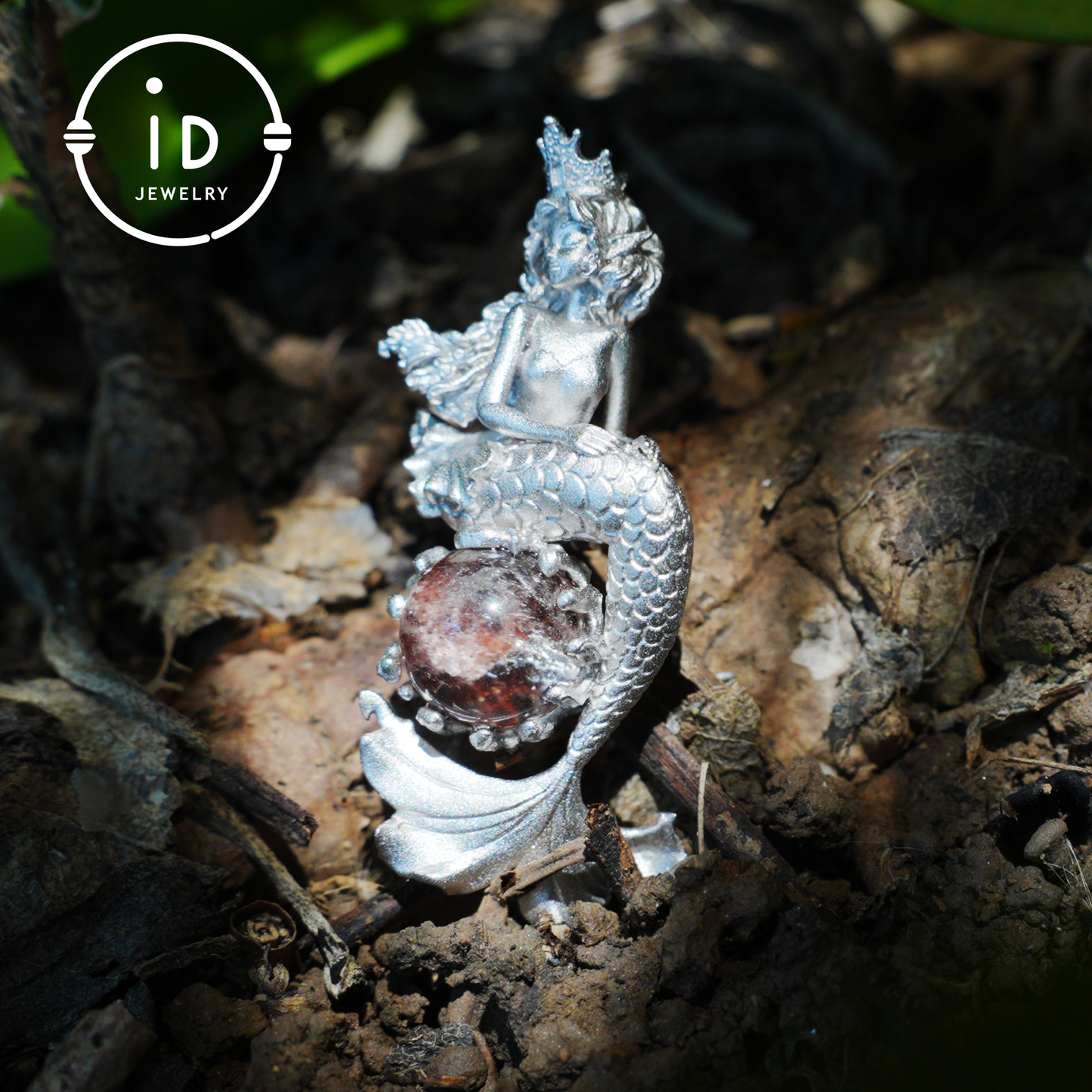 Ocean-Themed Mermaid Necklace | 925 Sterling Silver, Handmade | Crown, Seated Pose | Hand-Engraved Fin | Amulet | Gift for Her