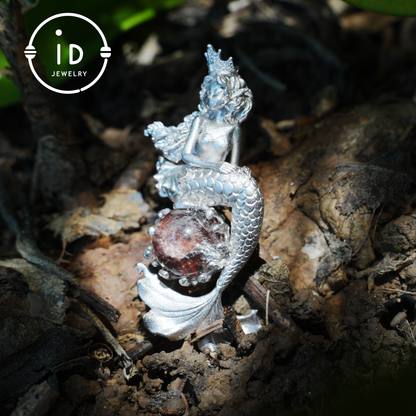 Ocean-Themed Mermaid Necklace | 925 Sterling Silver, Handmade | Crown, Seated Pose | Hand-Engraved Fin | Amulet | Gift for Her