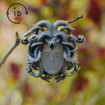Sleeping Eye Pendant, Silver Medusa Jewelry, Closed-Eye Goddess Amulet with Quartz and Emerald