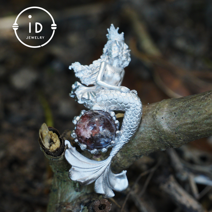 Ocean-Themed Mermaid Necklace | 925 Sterling Silver, Handmade | Crown, Seated Pose | Hand-Engraved Fin | Amulet | Gift for Her