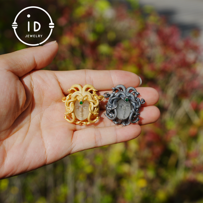 Sleeping Eye Pendant, Silver Medusa Jewelry, Closed-Eye Goddess Amulet with Quartz and Emerald