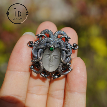 Sleeping Eye Pendant, Silver Medusa Jewelry, Closed-Eye Goddess Amulet with Quartz and Emerald