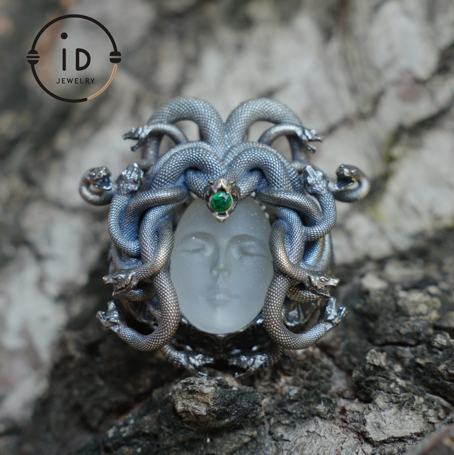 Sleeping Eye Pendant, Silver Medusa Jewelry, Closed-Eye Goddess Amulet with Quartz and Emerald