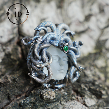 Sleeping Eye Pendant, Silver Medusa Jewelry, Closed-Eye Goddess Amulet with Quartz and Emerald
