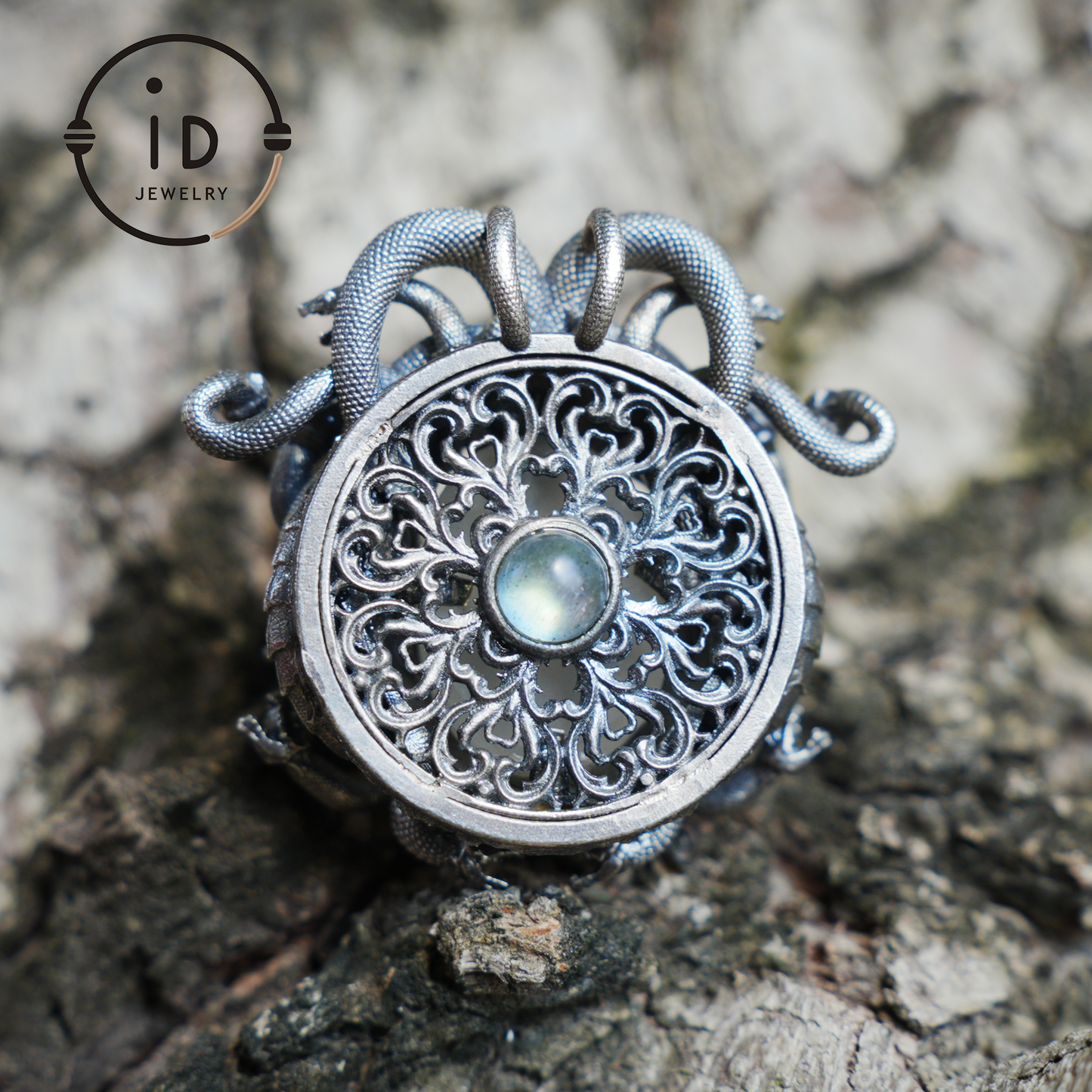 Sleeping Eye Pendant, Silver Medusa Jewelry, Closed-Eye Goddess Amulet with Quartz and Emerald