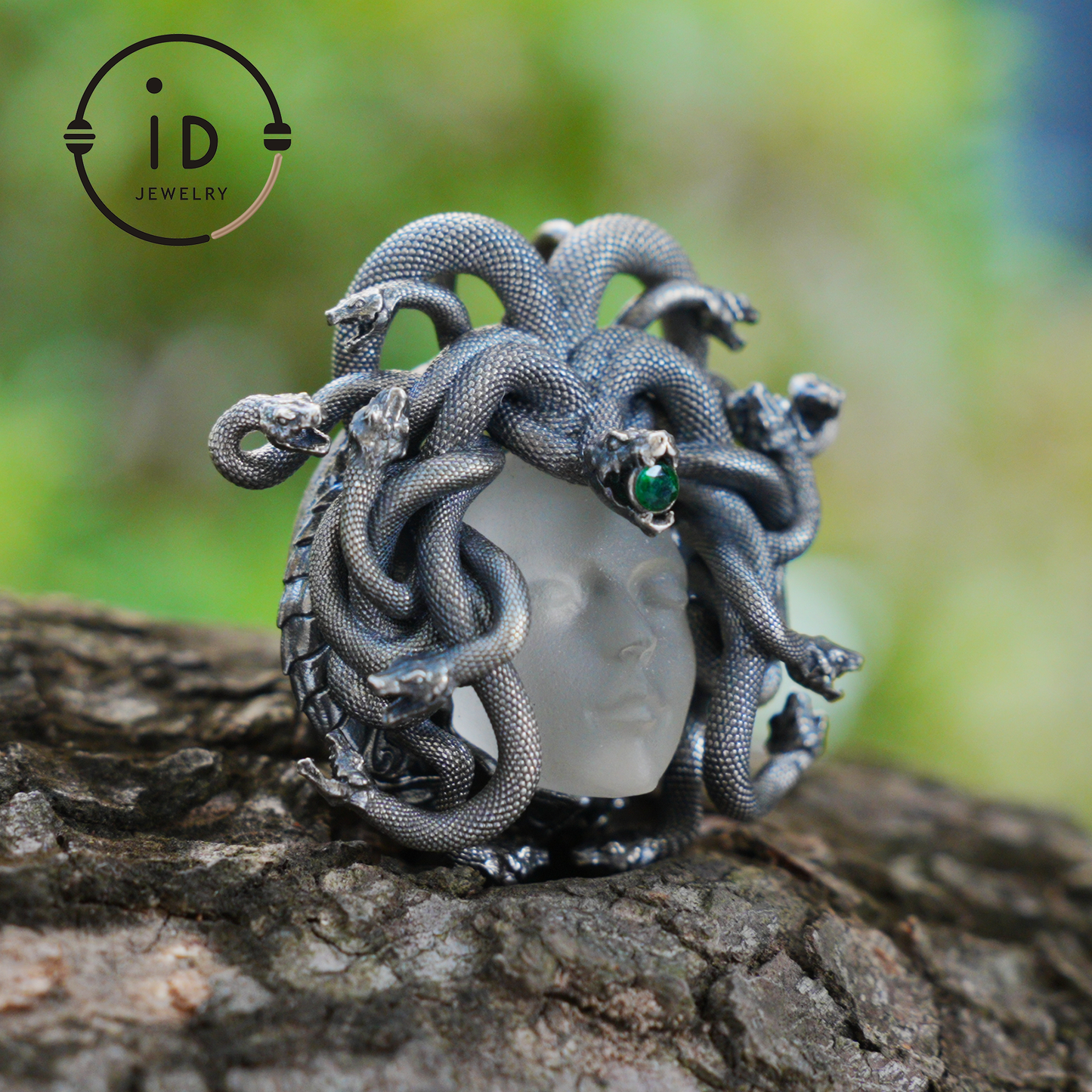 Sleeping Eye Pendant, Silver Medusa Jewelry, Closed-Eye Goddess Amulet with Quartz and Emerald