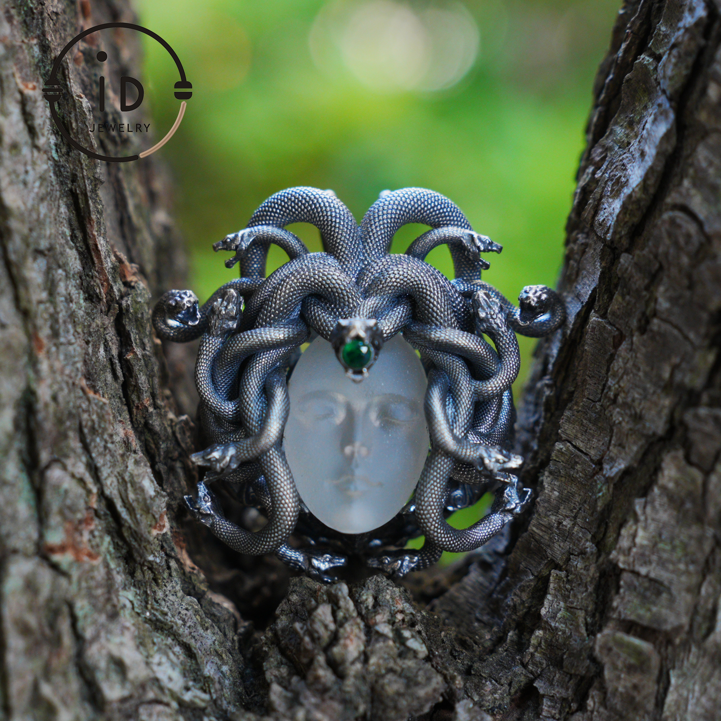 Sleeping Eye Pendant, Silver Medusa Jewelry, Closed-Eye Goddess Amulet with Quartz and Emerald