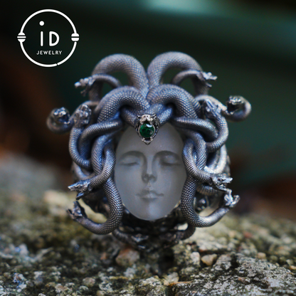 Sleeping Eye Pendant, Silver Medusa Jewelry, Closed-Eye Goddess Amulet with Quartz and Emerald