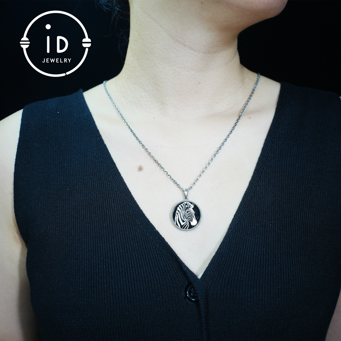 Wildlife Zebra Totem Necklace | 925 Sterling Silver Handcrafted Relief Medallion | Black-White Minimal Unisex Pendant | Double-Sided Design