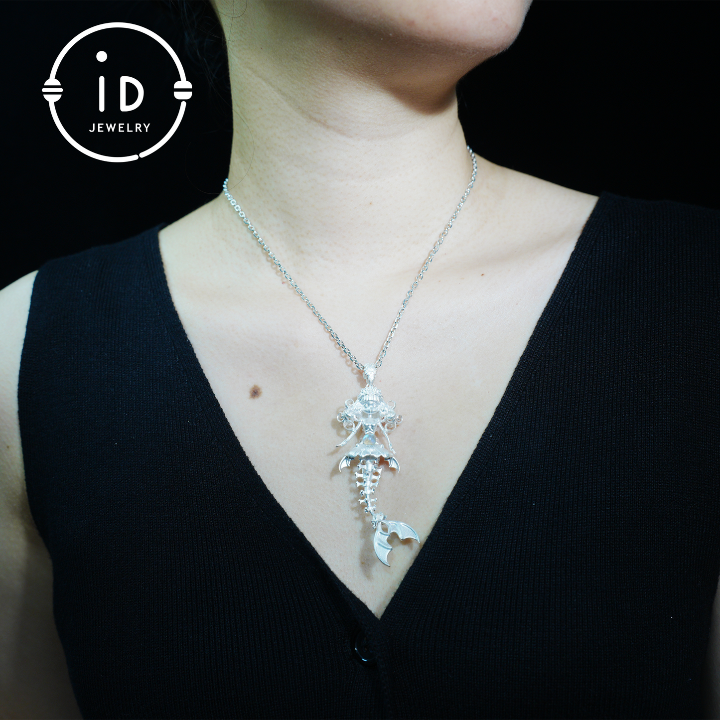 Hand-Carved Mermaid Skeleton Pendant Necklace | Mermaid Bones + Labradorite Flash | Handmade 925 Sterling Silver Amulet Ocean-Theme Necklace