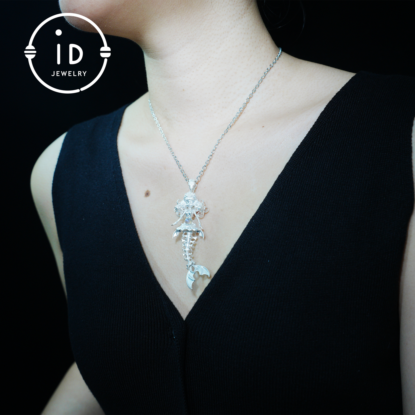 Hand-Carved Mermaid Skeleton Pendant Necklace | Mermaid Bones + Labradorite Flash | Handmade 925 Sterling Silver Amulet Ocean-Theme Necklace