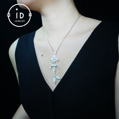 Hand-Carved Mermaid Skeleton Pendant Necklace | Mermaid Bones + Labradorite Flash | Handmade 925 Sterling Silver Amulet Ocean-Theme Necklace