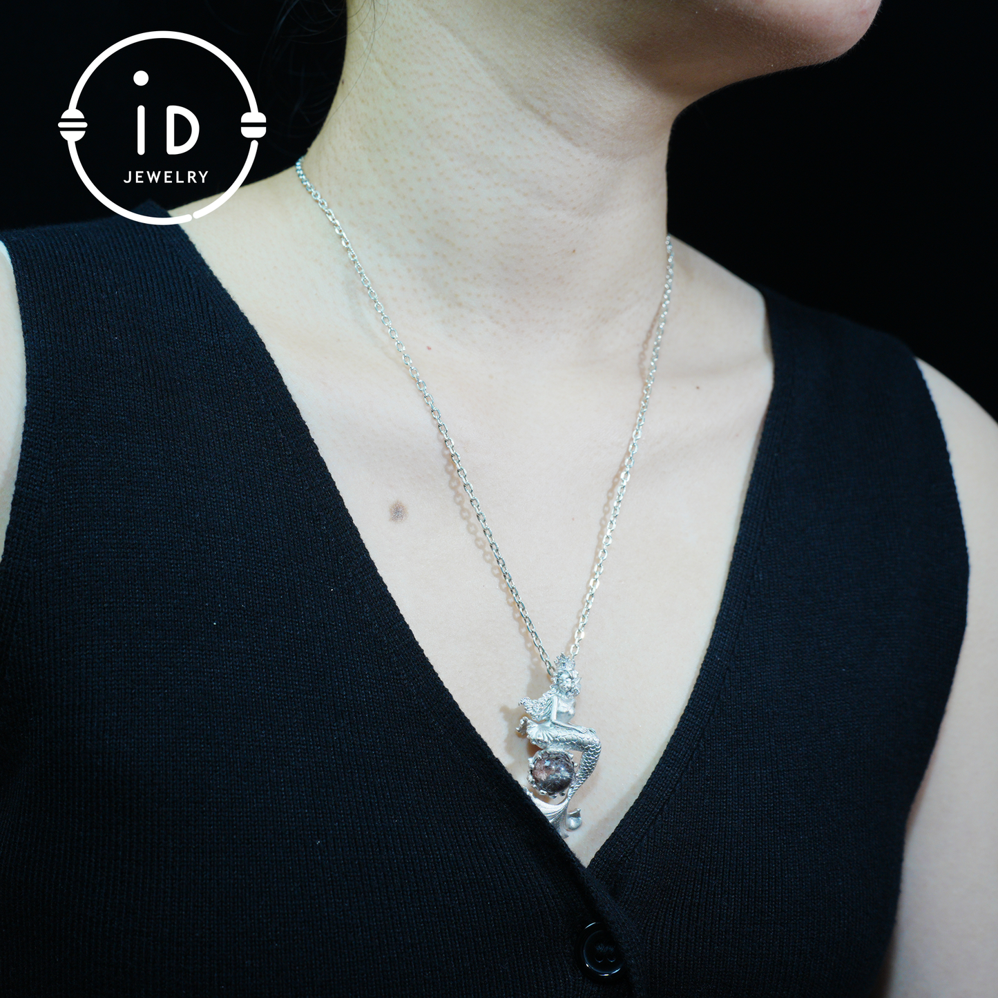 Ocean-Themed Mermaid Necklace | 925 Sterling Silver, Handmade | Crown, Seated Pose | Hand-Engraved Fin | Amulet | Gift for Her