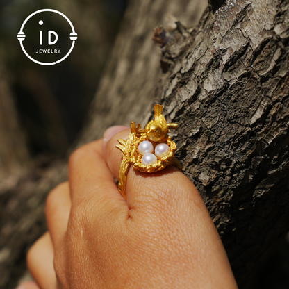 Adjustable Pearl Ring in Oxidized Silver or Gold Plated 925 Silver, Branch Design Fairytale Jewelry, Gift for Her, Mother's Day, Birthday