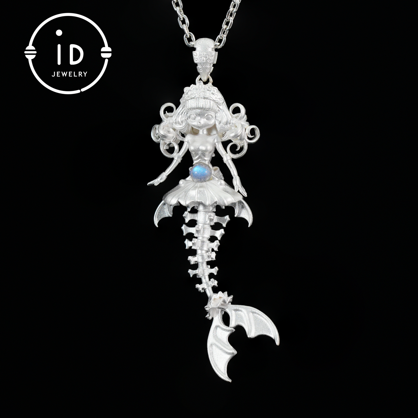 Hand-Carved Mermaid Skeleton Pendant Necklace | Mermaid Bones + Labradorite Flash | Handmade 925 Sterling Silver Amulet Ocean-Theme Necklace