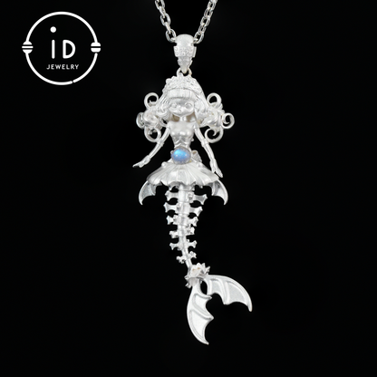Hand-Carved Mermaid Skeleton Pendant Necklace | Mermaid Bones + Labradorite Flash | Handmade 925 Sterling Silver Amulet Ocean-Theme Necklace