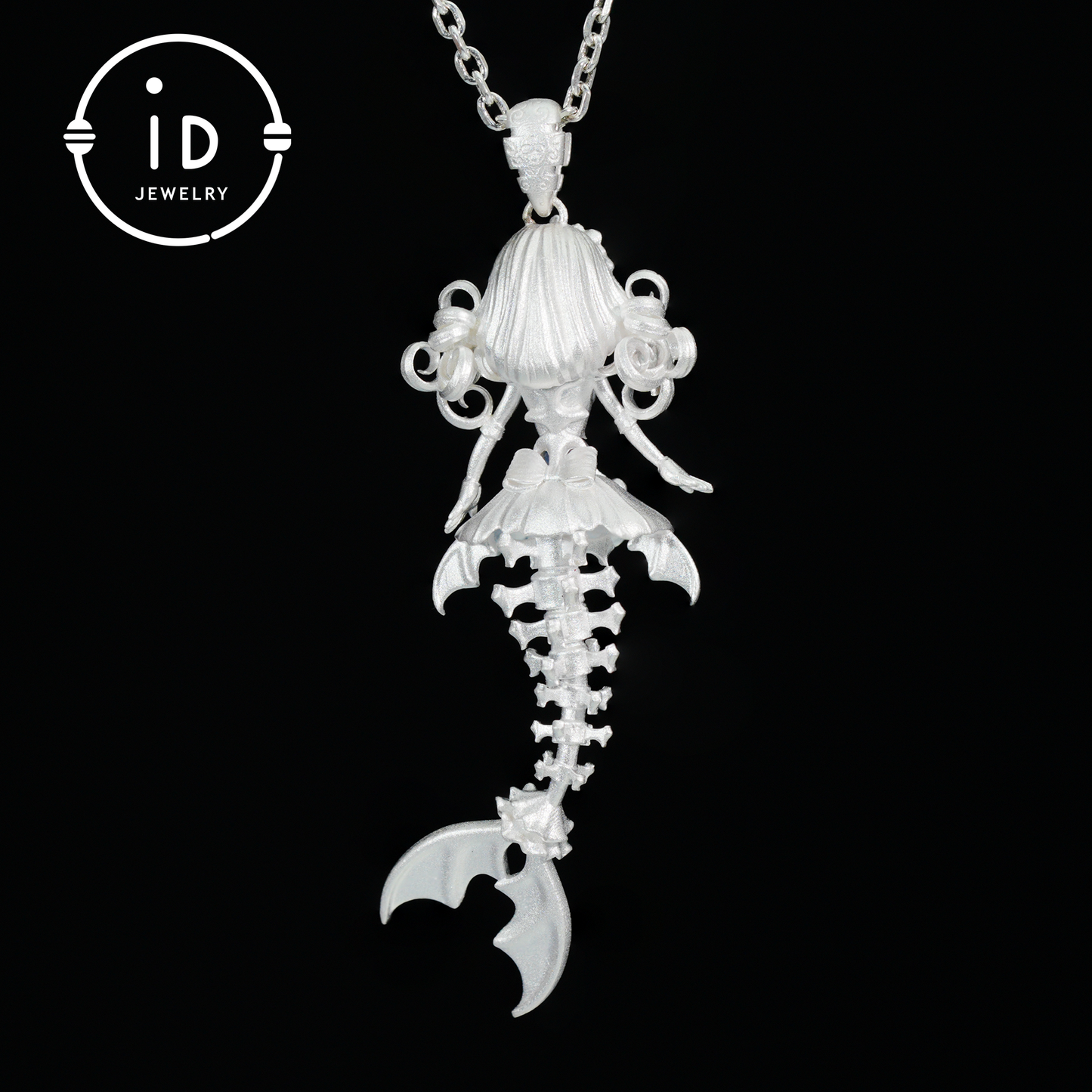 Hand-Carved Mermaid Skeleton Pendant Necklace | Mermaid Bones + Labradorite Flash | Handmade 925 Sterling Silver Amulet Ocean-Theme Necklace