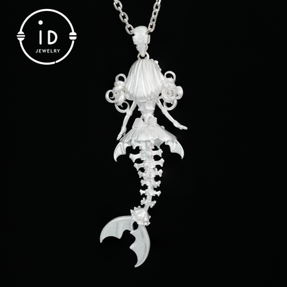 Hand-Carved Mermaid Skeleton Pendant Necklace | Mermaid Bones + Labradorite Flash | Handmade 925 Sterling Silver Amulet Ocean-Theme Necklace