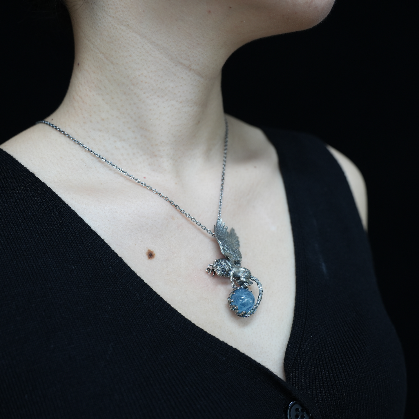 Winged Lion Pendant - Handcrafted 925 Sterling Silver Jewelry with Aquamarine - Symbol of Wisdom & Spiritual Protection - Gift for Her