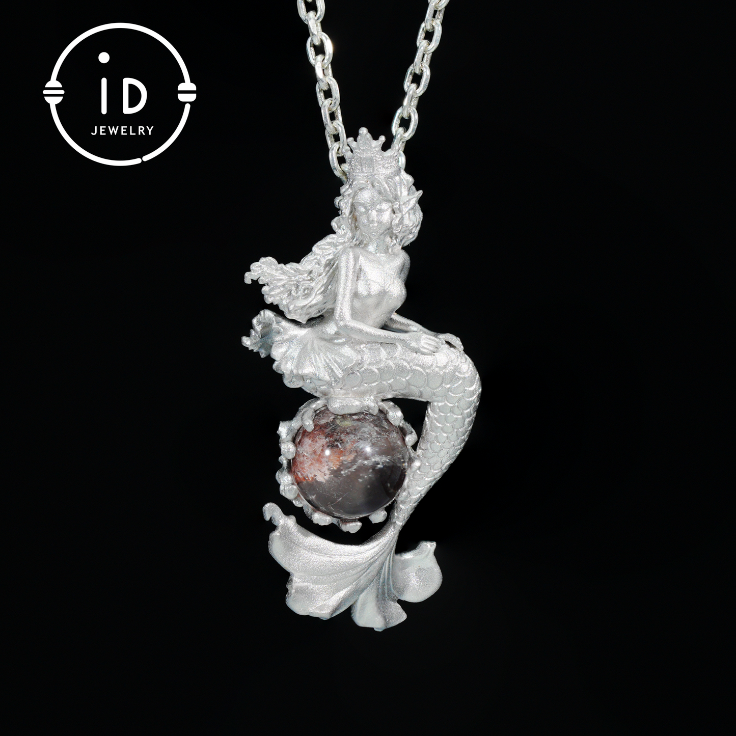 Ocean-Themed Mermaid Necklace | 925 Sterling Silver, Handmade | Crown, Seated Pose | Hand-Engraved Fin | Amulet | Gift for Her