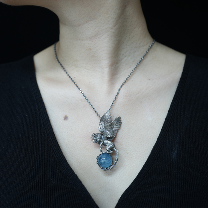 Winged Lion Pendant - Handcrafted 925 Sterling Silver Jewelry with Aquamarine - Symbol of Wisdom & Spiritual Protection - Gift for Her