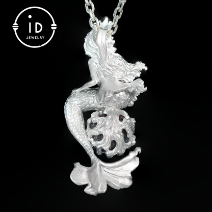 Ocean-Themed Mermaid Necklace | 925 Sterling Silver, Handmade | Crown, Seated Pose | Hand-Engraved Fin | Amulet | Gift for Her