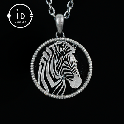 Wildlife Zebra Totem Necklace | 925 Sterling Silver Handcrafted Relief Medallion | Black-White Minimal Unisex Pendant | Double-Sided Design