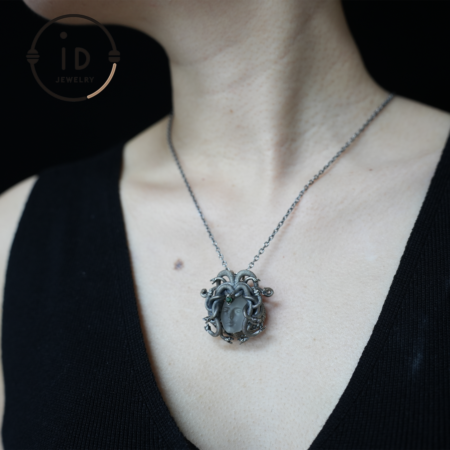 Sleeping Eye Pendant, Silver Medusa Jewelry, Closed-Eye Goddess Amulet with Quartz and Emerald