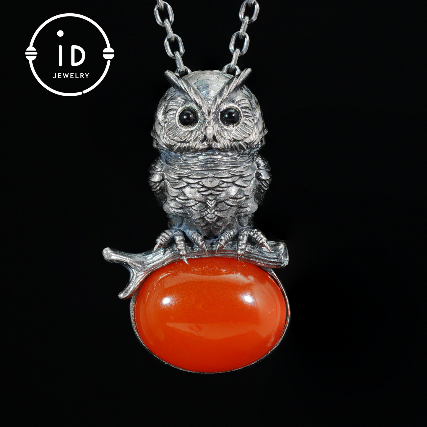 Nature-Style Owl Necklace | Handmade 925 Sterling Silver | Carnelian Cabochon & Onyx Eyes | Fine Feather Engraving | Handmade Gift
