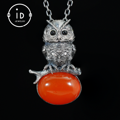 Nature-Style Owl Necklace | Handmade 925 Sterling Silver | Carnelian Cabochon & Onyx Eyes | Fine Feather Engraving | Handmade Gift