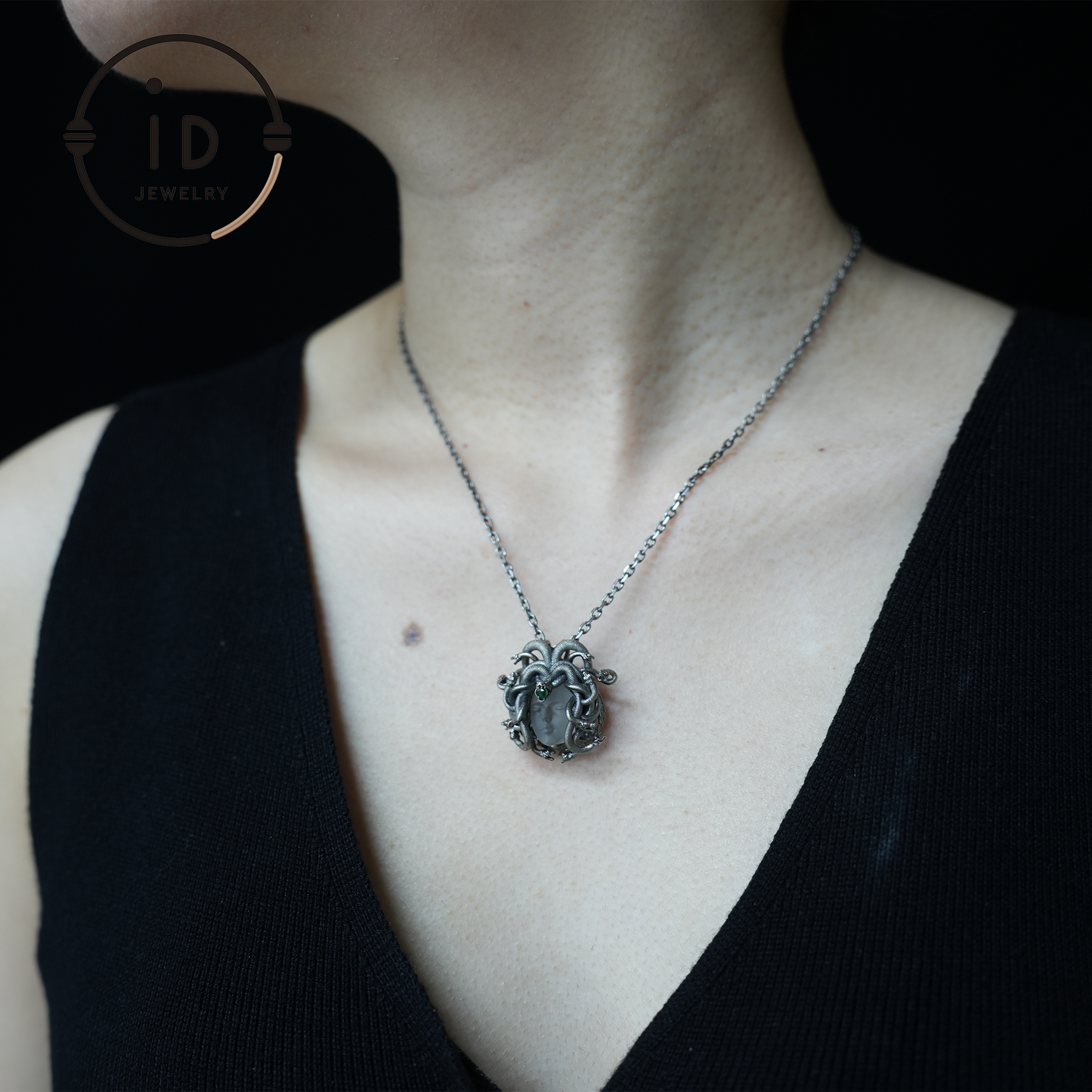 Sleeping Eye Pendant, Silver Medusa Jewelry, Closed-Eye Goddess Amulet with Quartz and Emerald