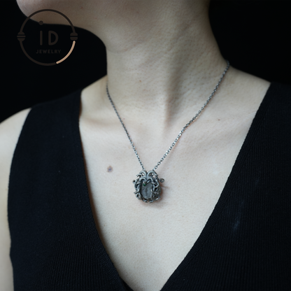 Sleeping Eye Pendant, Silver Medusa Jewelry, Closed-Eye Goddess Amulet with Quartz and Emerald